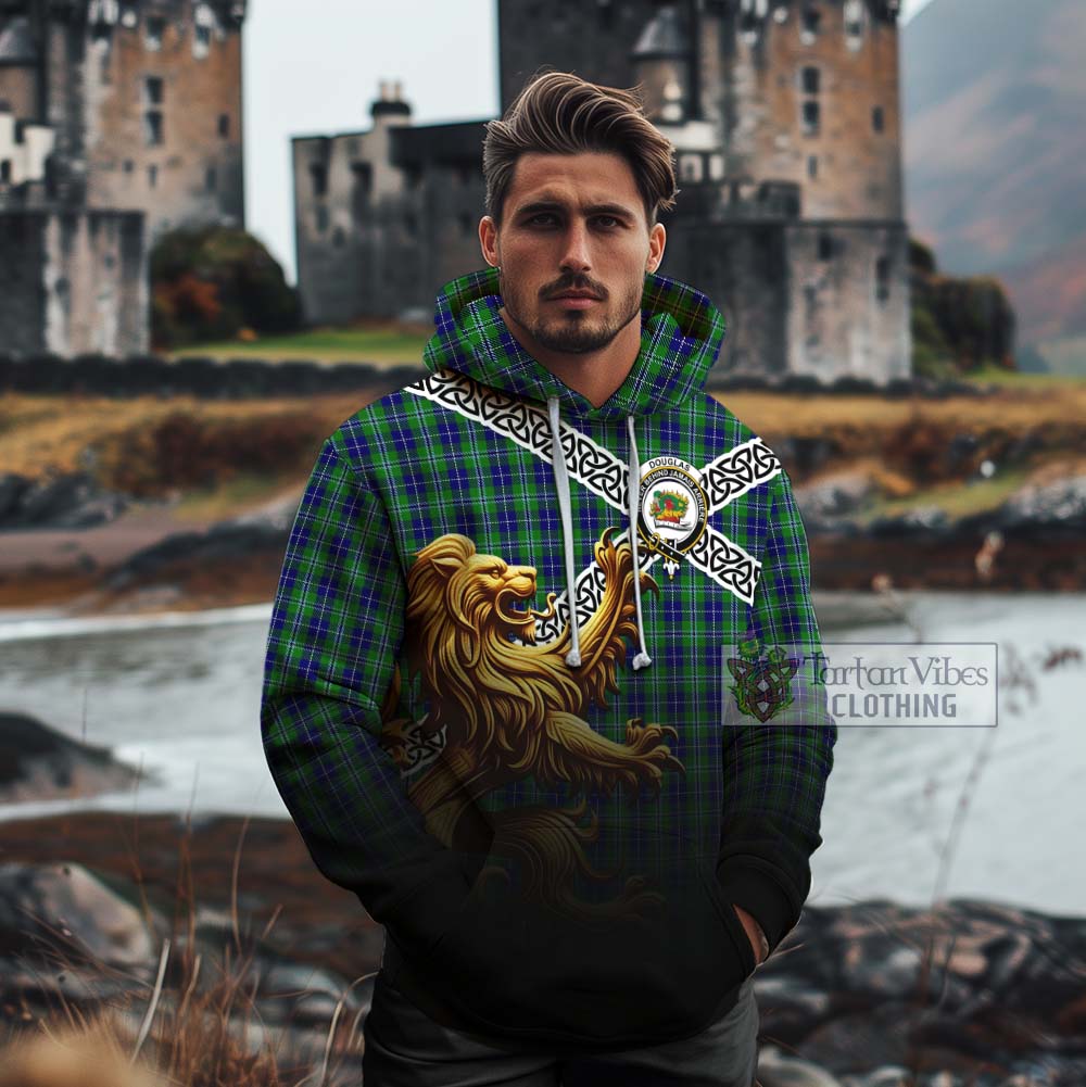 Tartan Vibes Clothing Douglas Crest Tartan Cotton Hoodie with Golden Lion Emblem Celtic Style