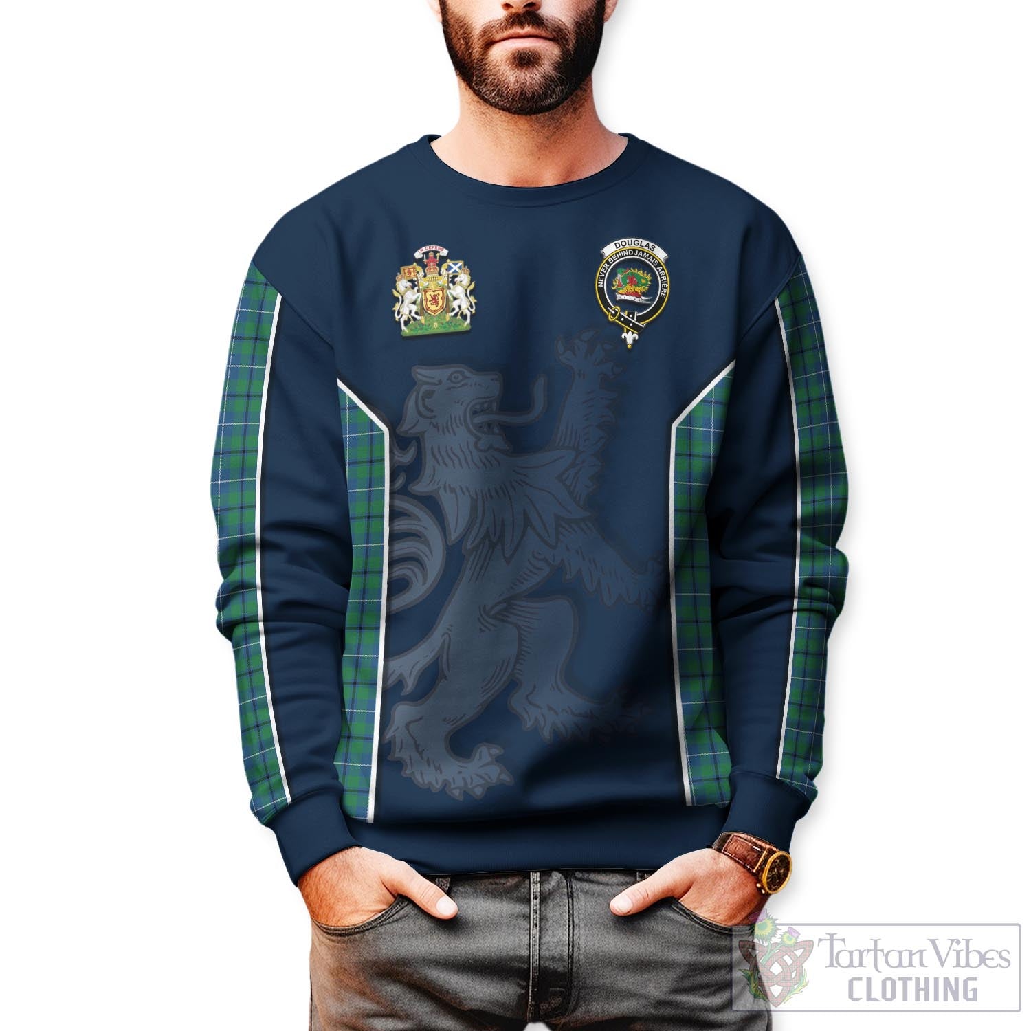 Tartan Vibes Clothing Douglas Ancient Tartan Sweater with Family Crest and Lion Rampant Vibes Sport Style