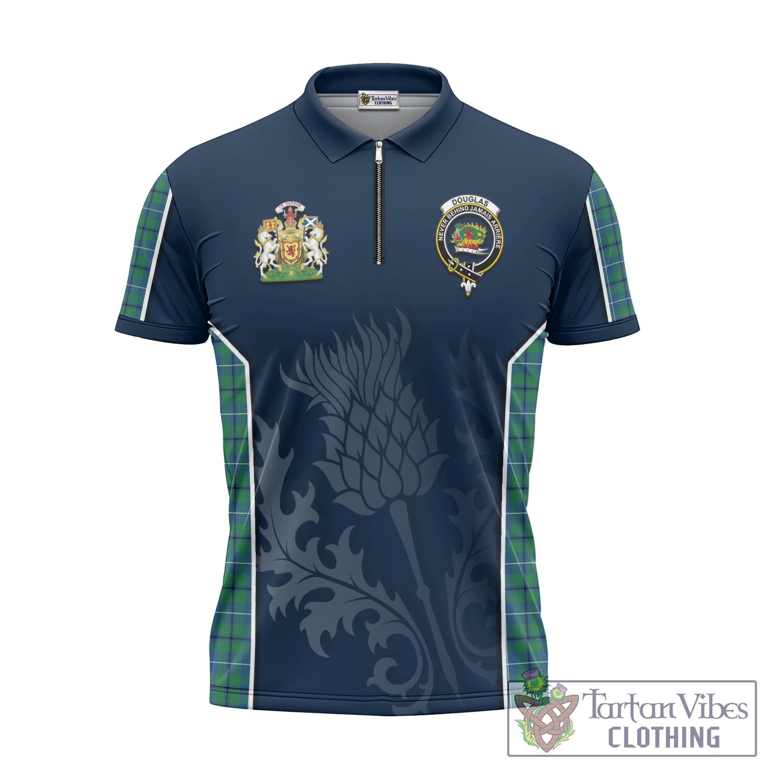 Tartan Vibes Clothing Douglas Ancient Tartan Zipper Polo Shirt with Family Crest and Scottish Thistle Vibes Sport Style
