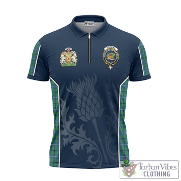 Douglas Ancient Tartan Zipper Polo Shirt with Family Crest and Scottish Thistle Vibes Sport Style