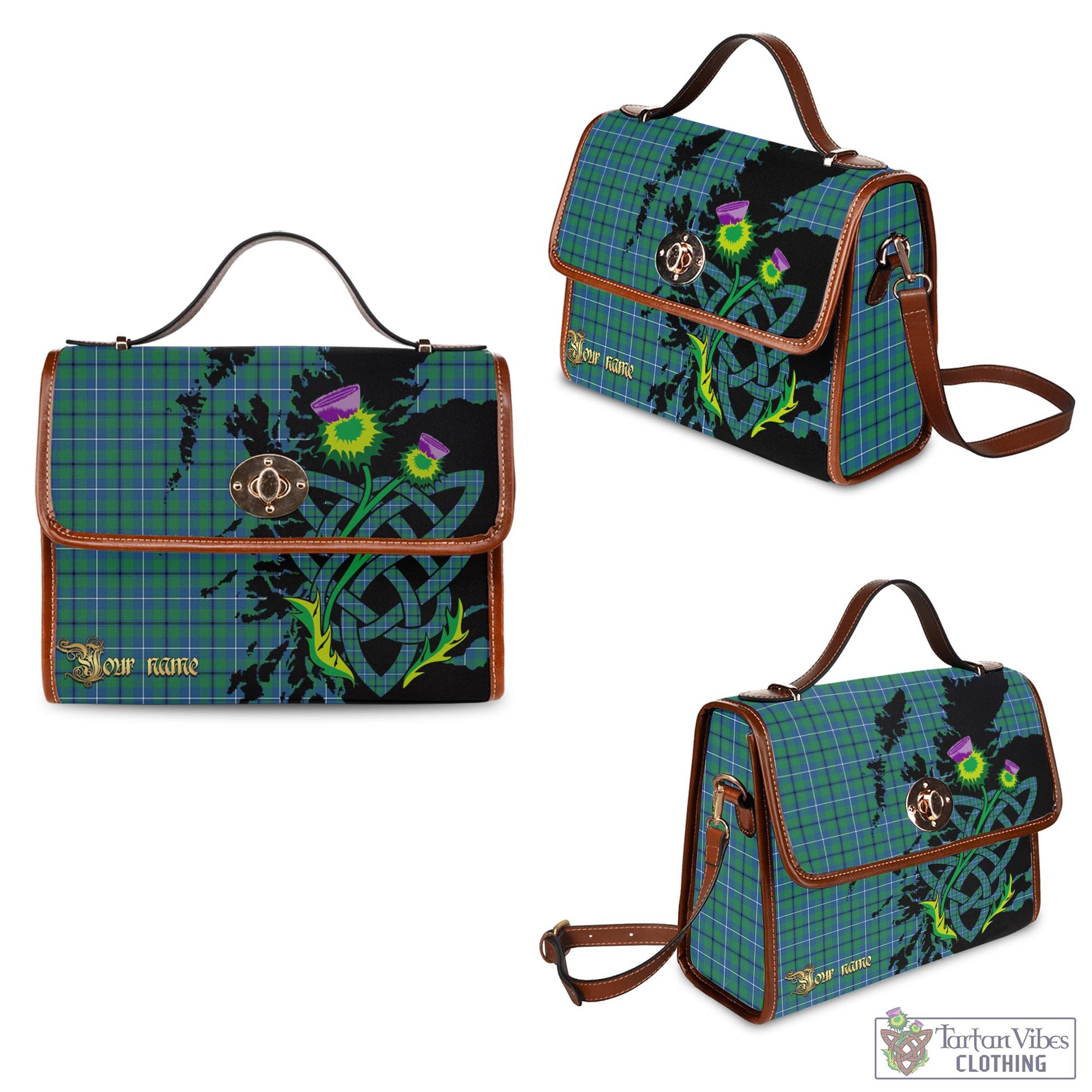 Tartan Vibes Clothing Douglas Ancient Tartan Waterproof Canvas Bag with Scotland Map and Thistle Celtic Accents