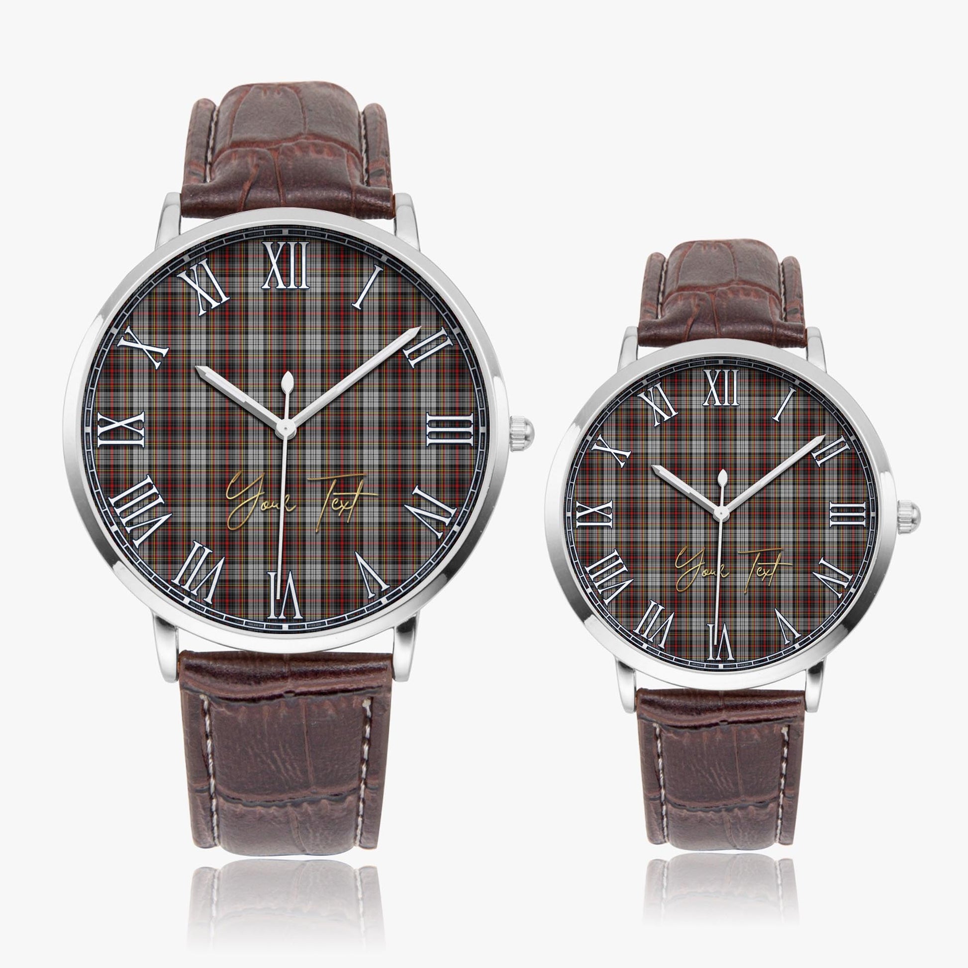 Douglas Ancient Dress Tartan Personalized Your Text Leather Trap Quartz Watch Ultra Thin Silver Case With Brown Leather Strap - Tartanvibesclothing