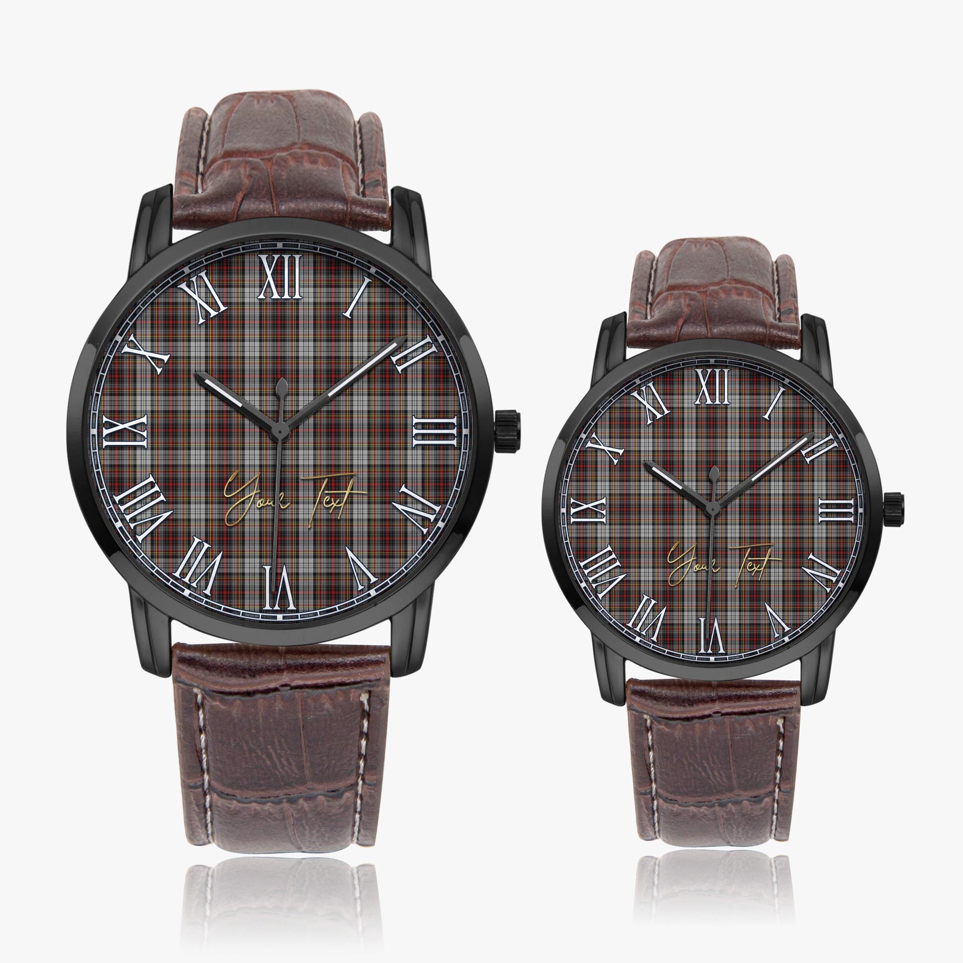 Douglas Ancient Dress Tartan Personalized Your Text Leather Trap Quartz Watch Wide Type Black Case With Brown Leather Strap - Tartanvibesclothing