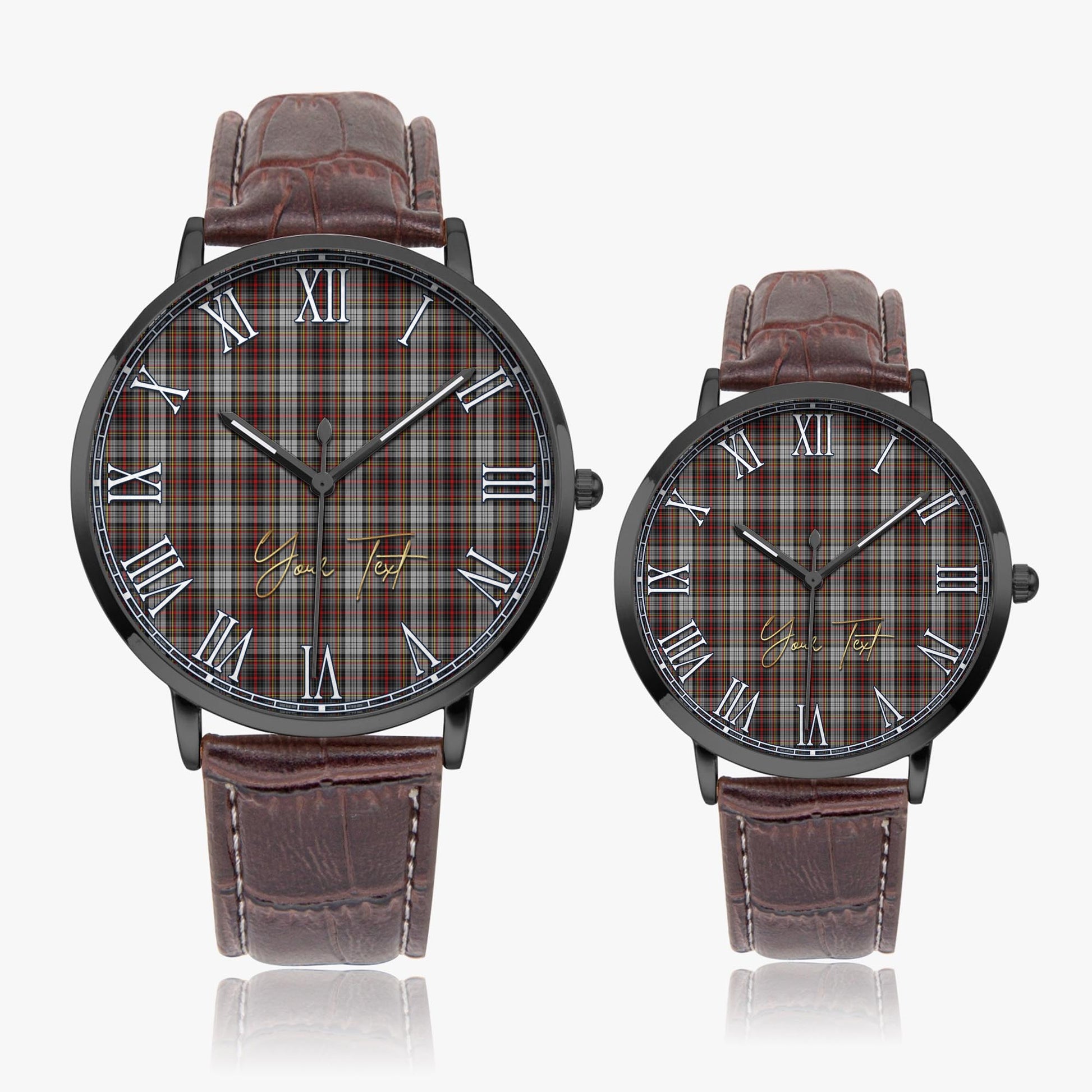 Douglas Ancient Dress Tartan Personalized Your Text Leather Trap Quartz Watch Ultra Thin Black Case With Brown Leather Strap - Tartanvibesclothing
