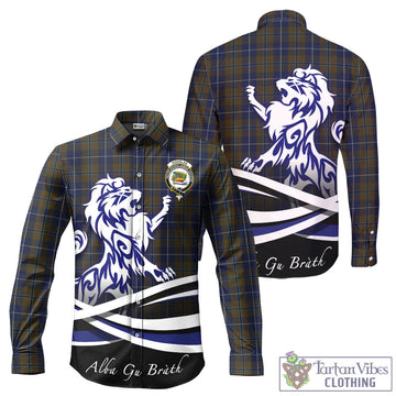 Douglas Brown Tartan Long Sleeve Button Up Shirt with Alba Gu Brath Regal Lion Emblem