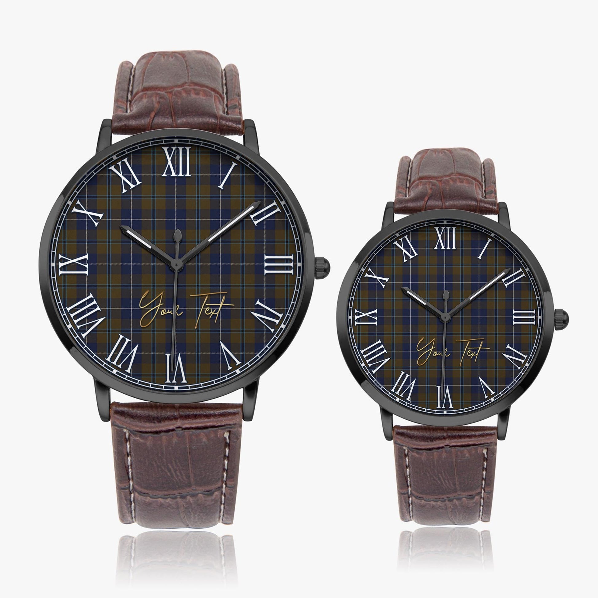 Douglas Brown Tartan Personalized Your Text Leather Trap Quartz Watch Ultra Thin Black Case With Brown Leather Strap - Tartanvibesclothing