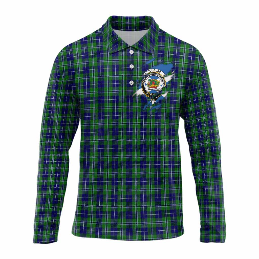 Douglas Clan Crest In Me Tartan Long Sleeve Polo Shirt Scotland Flag Style