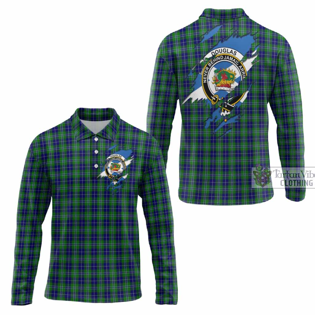 Douglas Clan Crest In Me Tartan Long Sleeve Polo Shirt Scotland Flag Style