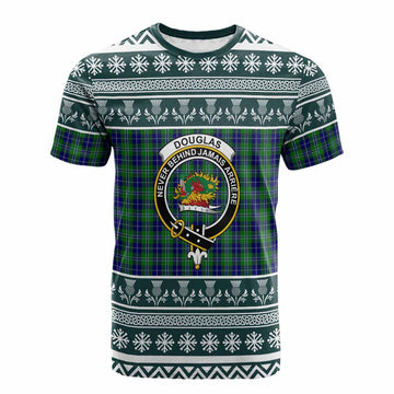 Douglas Clan Tartan Christmas Cotton T-shirt with Family Crest