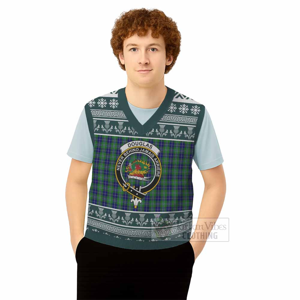 Douglas Clan Tartan Christmas Knitted V-Neck Vest with Family Crest - Tartan Vibes Clothing
