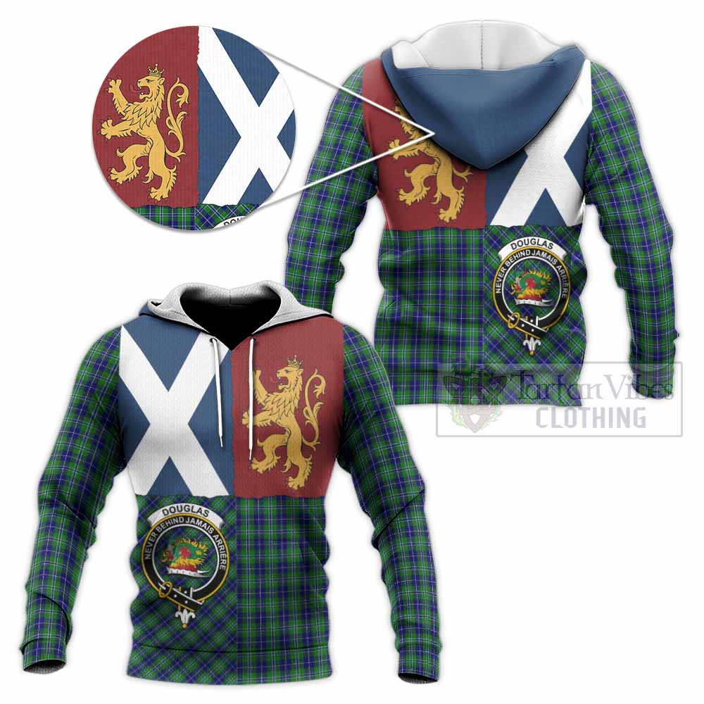 Douglas Crest Tartan Knitted Hoodie with Lion Rampant Saltire Style