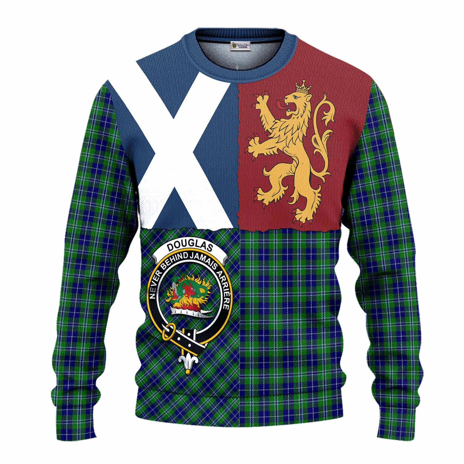Douglas Crest Tartan Knitted Sweater with Lion Rampant Saltire Style