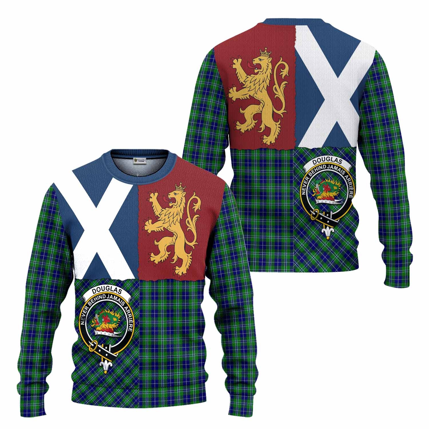 Douglas Crest Tartan Knitted Sweater with Lion Rampant Saltire Style
