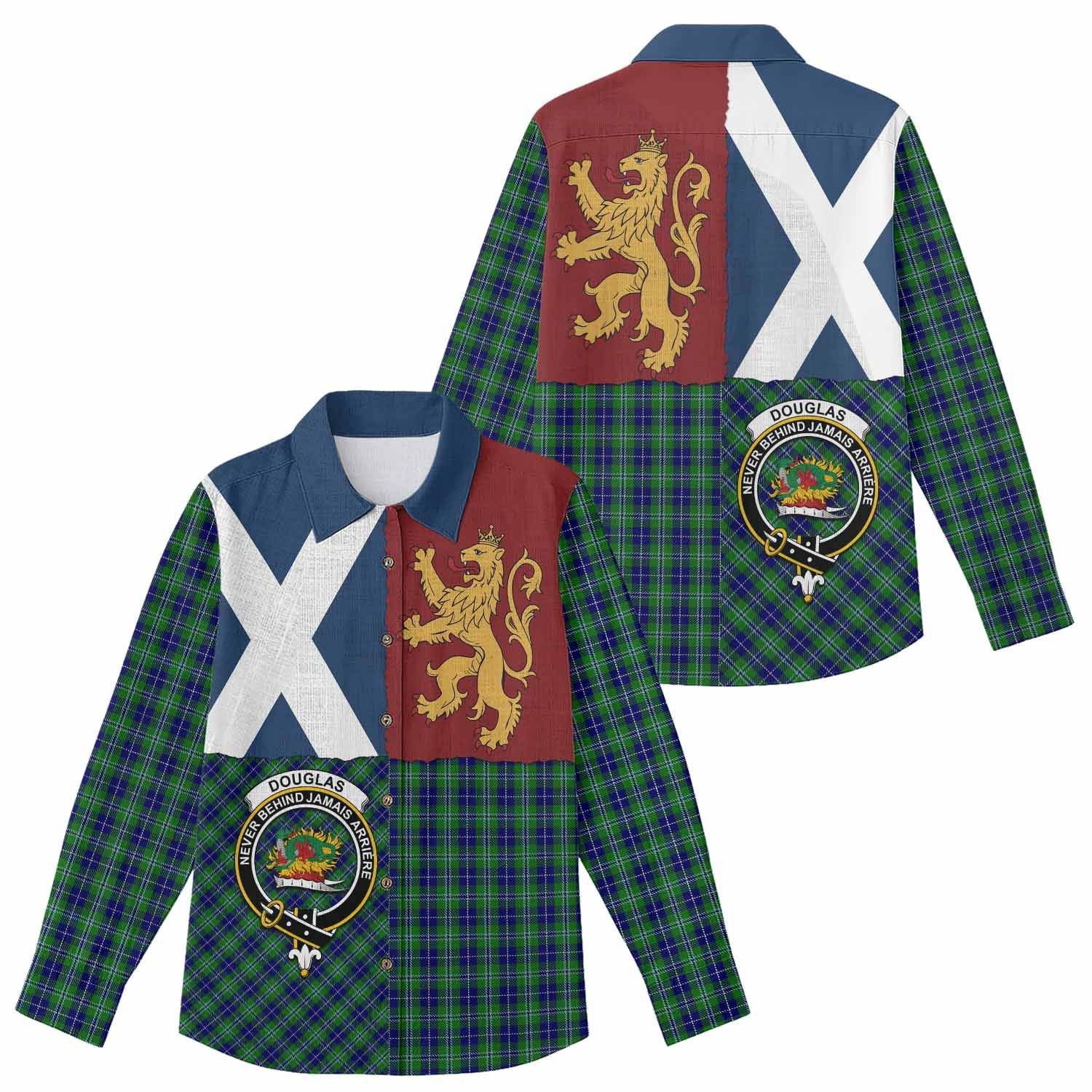 Douglas Crest Tartan Women Casual Shirt with Lion Rampant Saltire Style