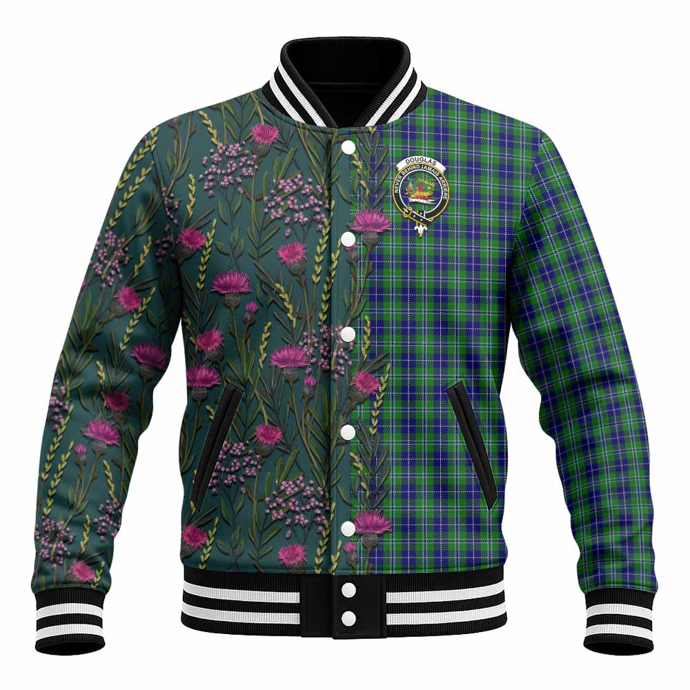 Douglas Family Crest Tartan Baseball Jacket Scottish Thistle Flower Pattern Half Style - Tartan Vibes Clothing