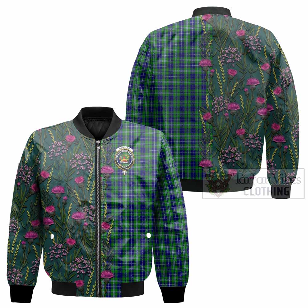 Douglas Family Crest Tartan Bomber Jacket Scottish Thistle Flower Pattern Half Style - Tartan Vibes Clothing