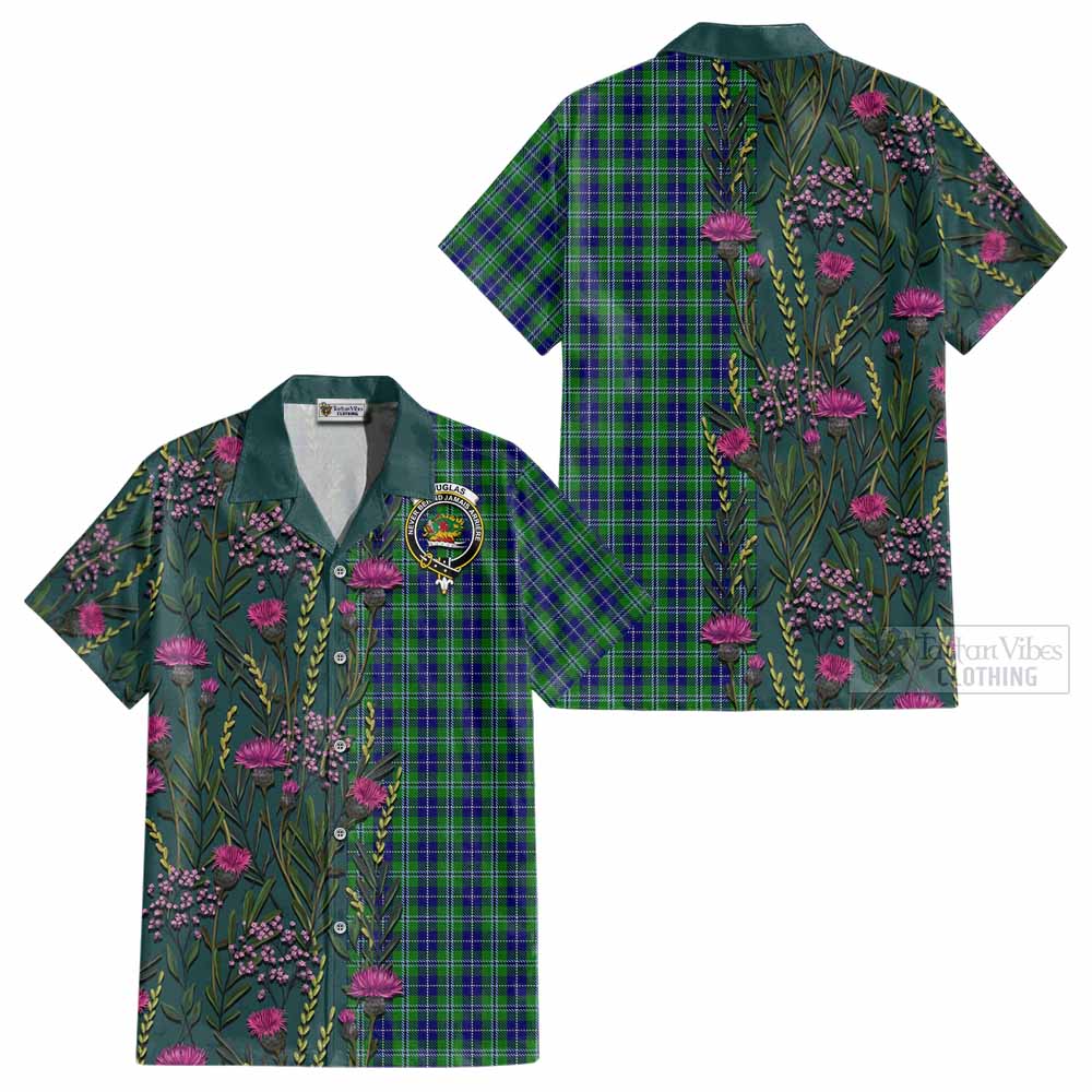 Douglas Family Crest Tartan Cotton Hawaiian Shirt Scottish Thistle Flower Pattern Half Style - Tartan Vibes Clothing