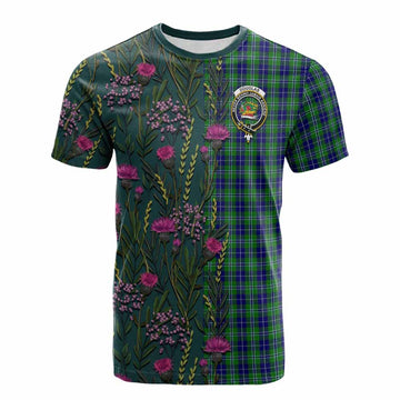 Douglas Family Crest Tartan Cotton T-shirt Scottish Thistle Flower Pattern Half Style