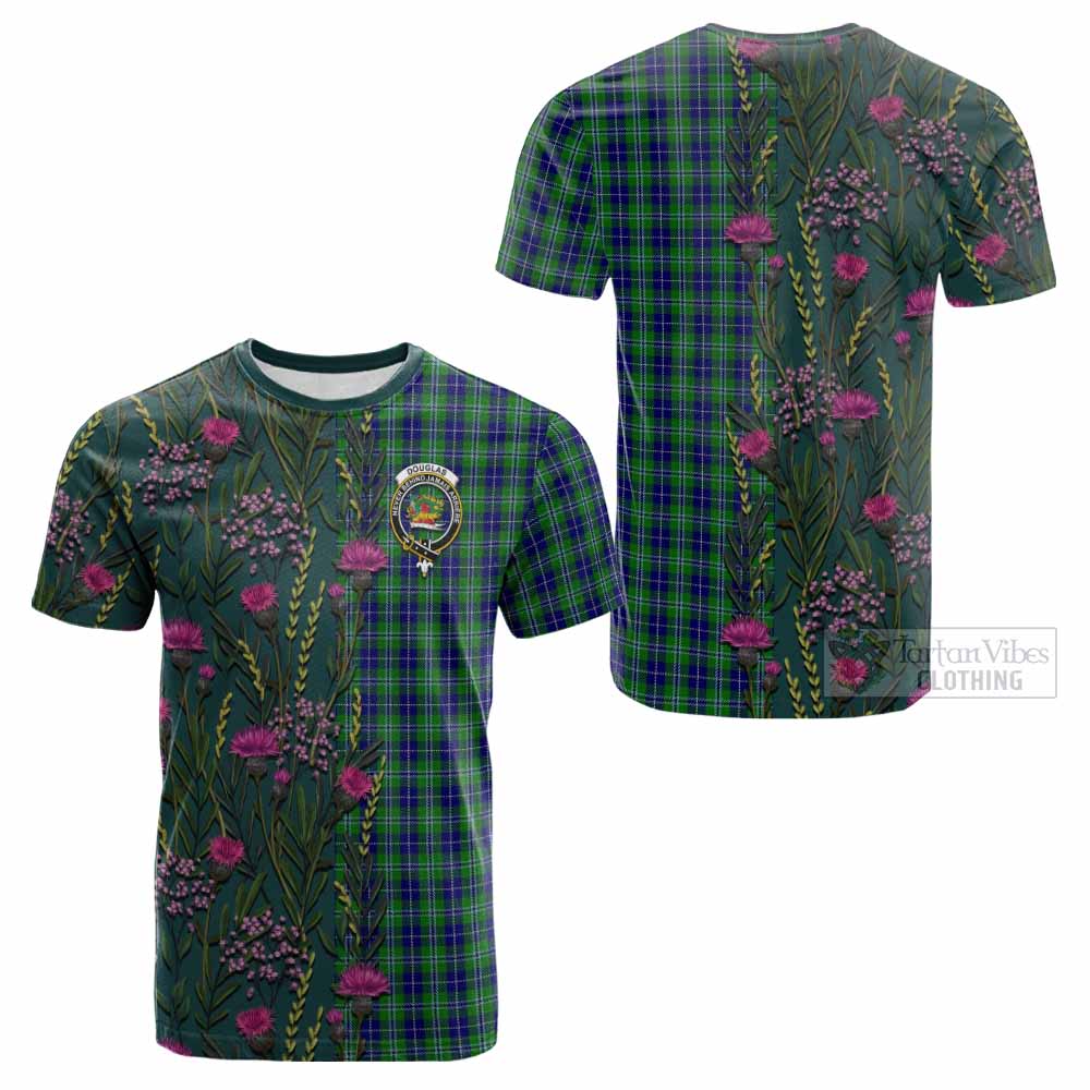 Douglas Family Crest Tartan Cotton T-shirt Scottish Thistle Flower Pattern Half Style - Tartan Vibes Clothing