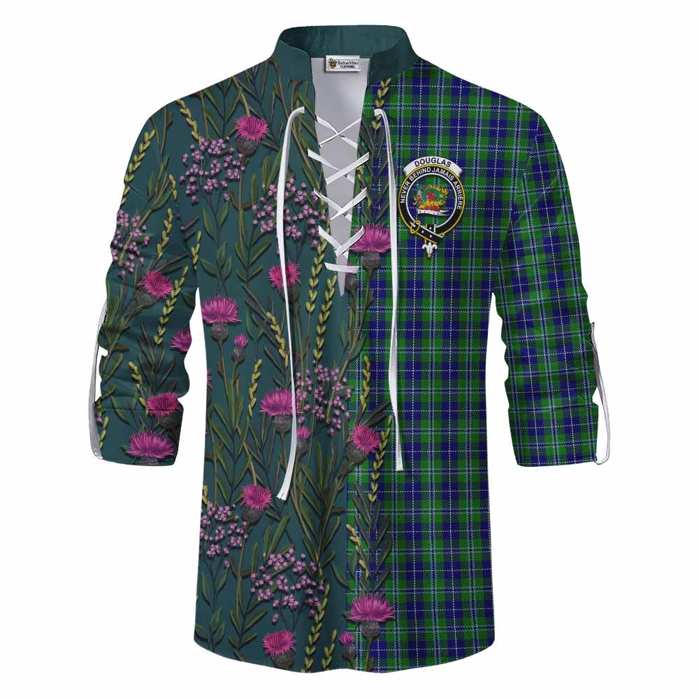 Douglas Family Crest Tartan Ghillie Shirt Scottish Thistle Flower Pattern Half Style - Tartan Vibes Clothing