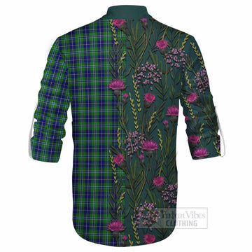 Douglas Family Crest Tartan Ghillie Shirt Scottish Thistle Flower Pattern Half Style