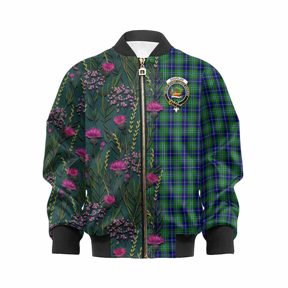 Douglas Family Crest Tartan Kid Bomber Jacket Scottish Thistle Flower Pattern Half Style - Tartan Vibes Clothing