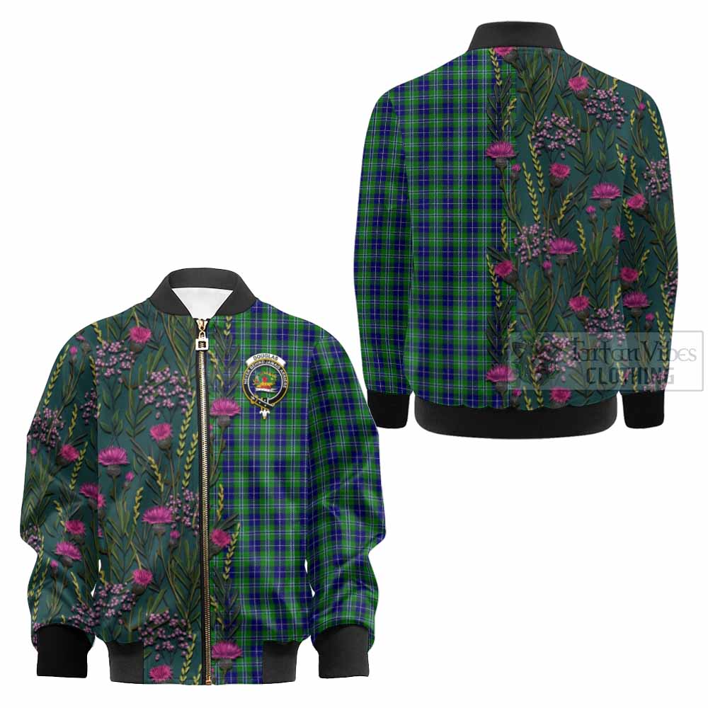 Douglas Family Crest Tartan Kid Bomber Jacket Scottish Thistle Flower Pattern Half Style - Tartan Vibes Clothing