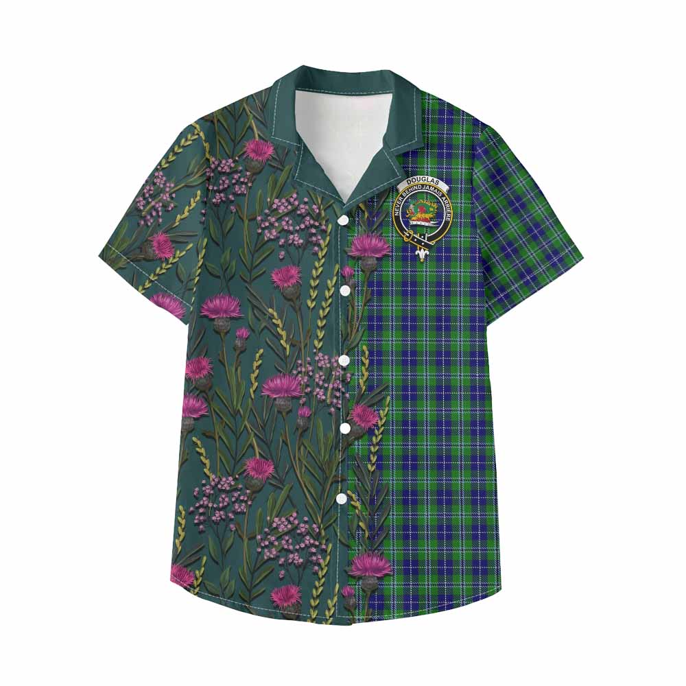 Douglas Family Crest Tartan Kid Hawaiian Shirt Scottish Thistle Flower Pattern Half Style - Tartan Vibes Clothing