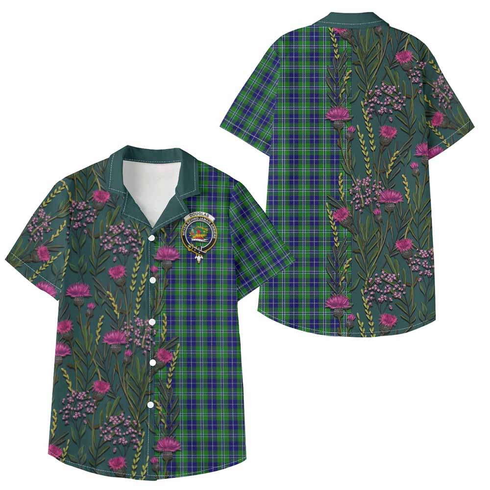 Douglas Family Crest Tartan Kid Hawaiian Shirt Scottish Thistle Flower Pattern Half Style - Tartan Vibes Clothing