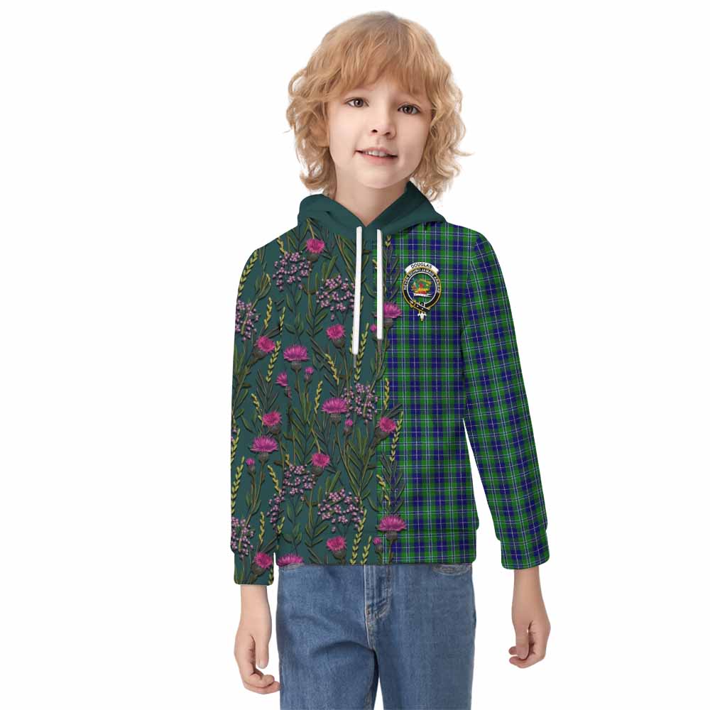 Douglas Family Crest Tartan Kid Hoodie Scottish Thistle Flower Pattern Half Style - Tartan Vibes Clothing