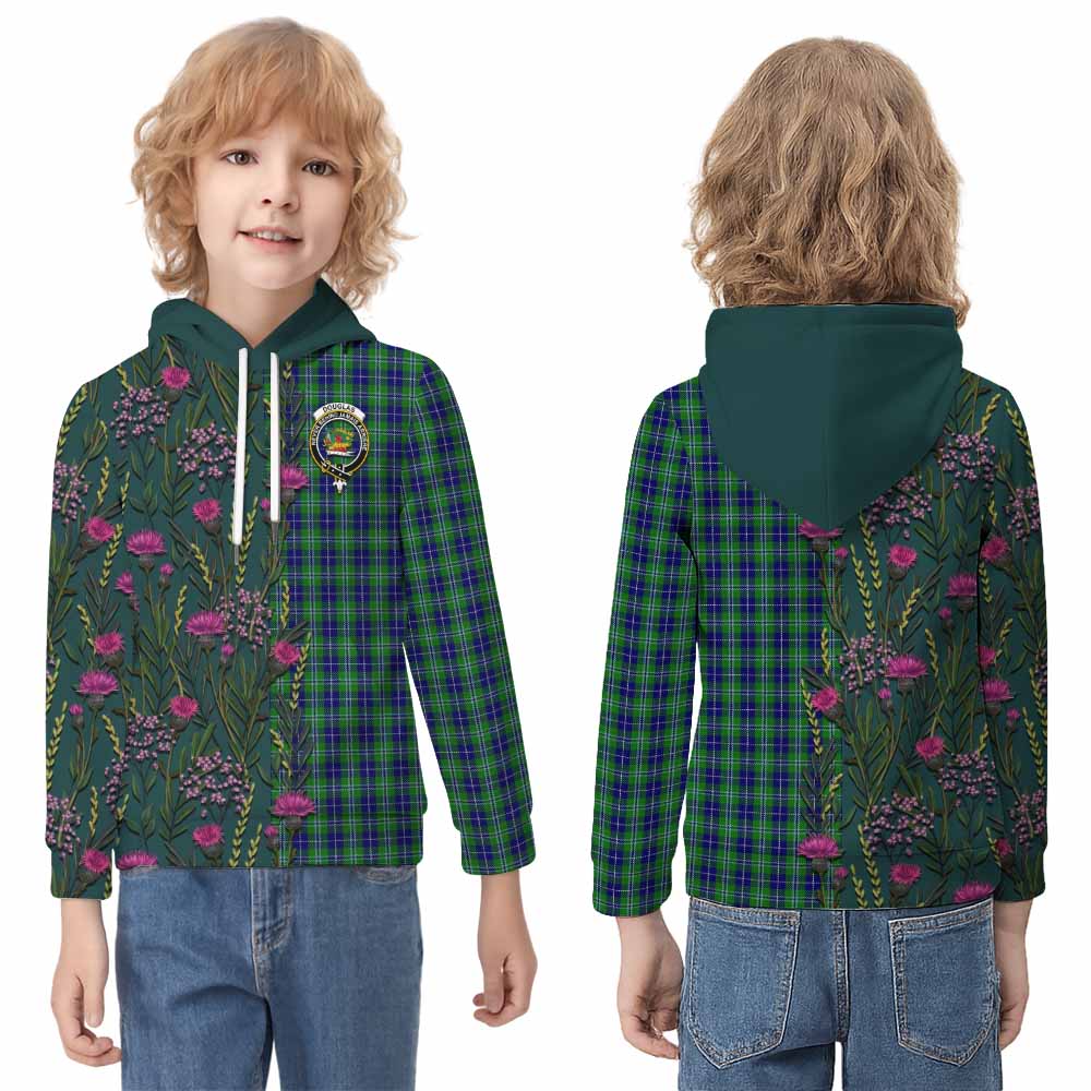 Douglas Family Crest Tartan Kid Hoodie Scottish Thistle Flower Pattern Half Style - Tartan Vibes Clothing