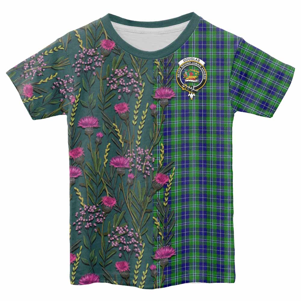 Douglas Family Crest Tartan Kid T-shirt Scottish Thistle Flower Pattern Half Style - Tartan Vibes Clothing