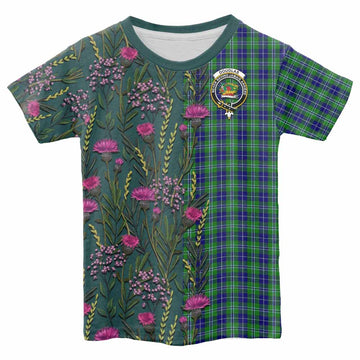 Douglas Family Crest Tartan Kid T-shirt Scottish Thistle Flower Pattern Half Style - Tartan Vibes Clothing