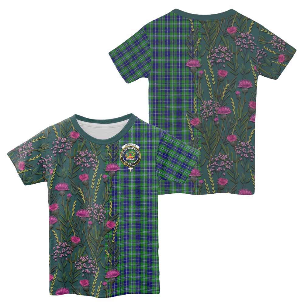 Douglas Family Crest Tartan Kid T-shirt Scottish Thistle Flower Pattern Half Style - Tartan Vibes Clothing