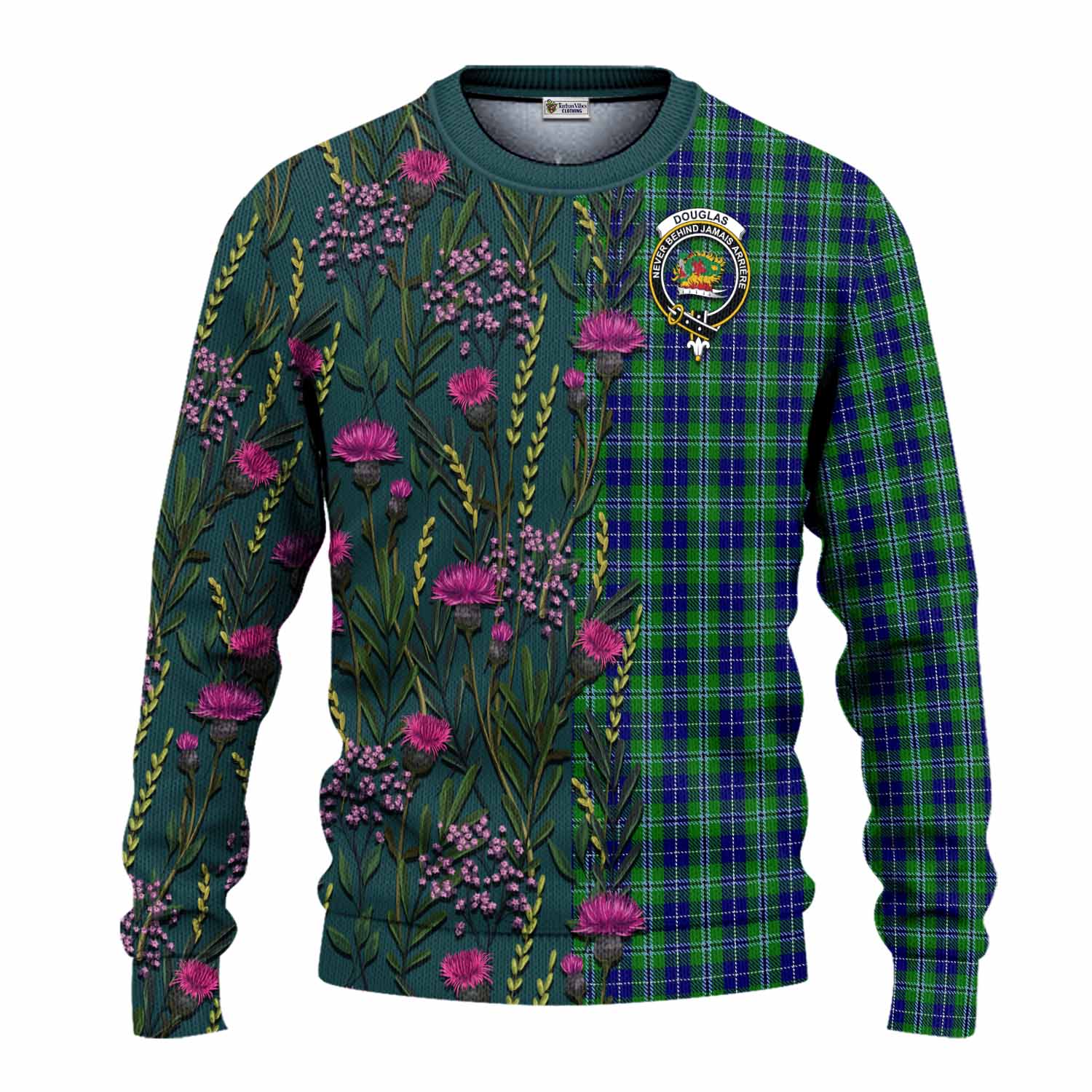 Douglas Family Crest Tartan Knitted Sweater Scottish Thistle Flower Pattern Half Style - Tartan Vibes Clothing