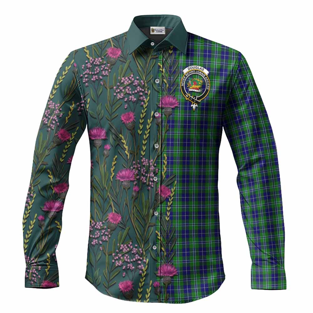 Douglas Family Crest Tartan Long Sleeve Button Shirts Scottish Thistle Flower Pattern Half Style - Tartan Vibes Clothing