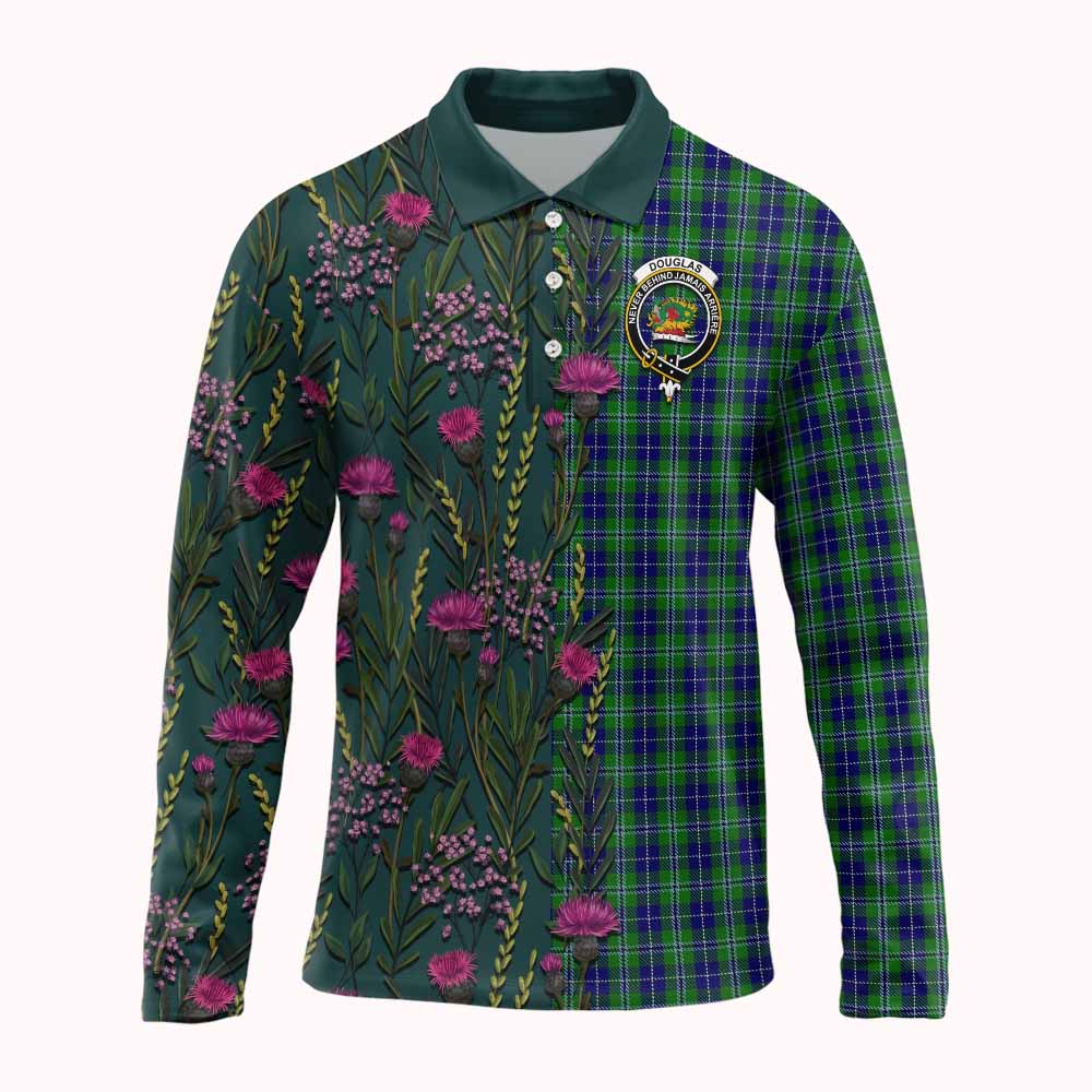 Douglas Family Crest Tartan Long Sleeve Polo Shirt Scottish Thistle Flower Pattern Half Style - Tartan Vibes Clothing