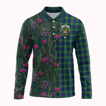 Douglas Family Crest Tartan Long Sleeve Polo Shirt Scottish Thistle Flower Pattern Half Style