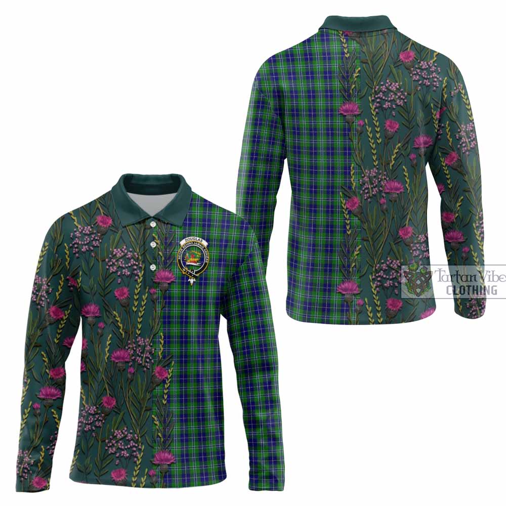 Douglas Family Crest Tartan Long Sleeve Polo Shirt Scottish Thistle Flower Pattern Half Style - Tartan Vibes Clothing