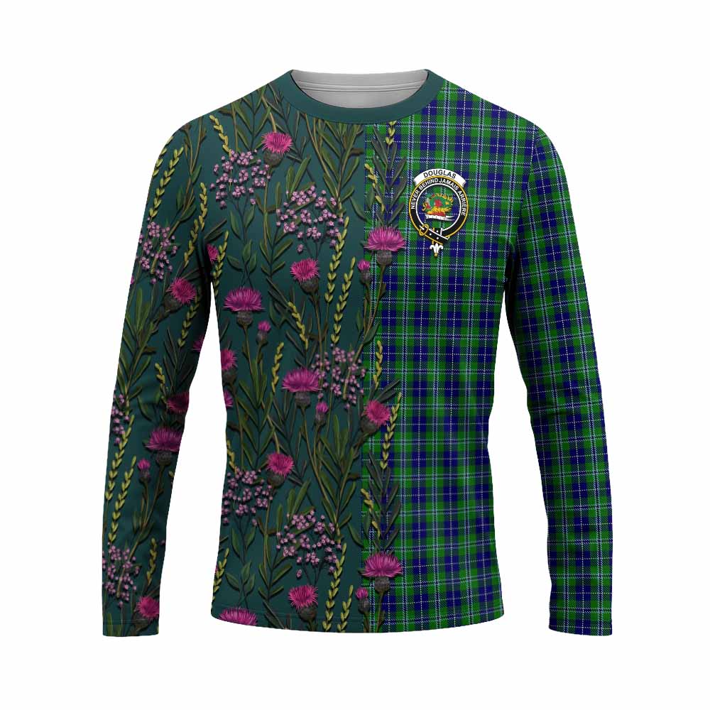 Douglas Family Crest Tartan Long Sleeve T-Shirt Scottish Thistle Flower Pattern Half Style - Tartan Vibes Clothing