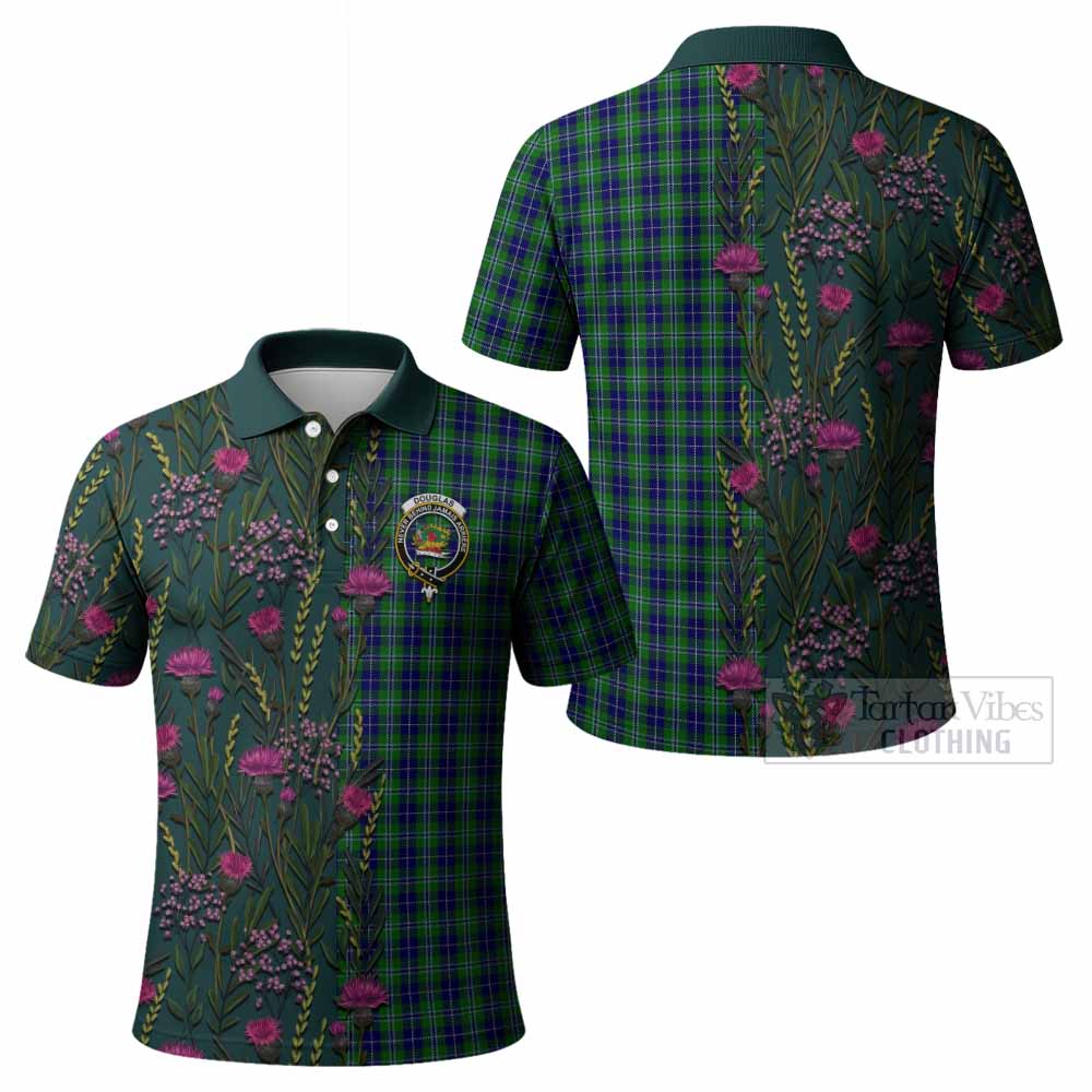 Douglas Family Crest Tartan Polo Shirt Scottish Thistle Flower Pattern Half Style - Tartan Vibes Clothing