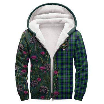 Douglas Family Crest Tartan Sherpa Hoodie Scottish Thistle Flower Pattern Half Style