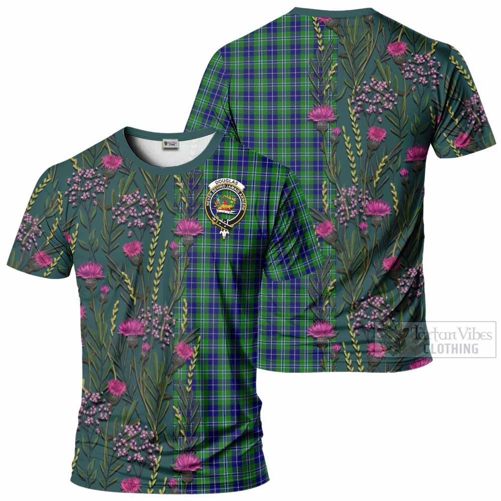 Douglas Family Crest Tartan T-Shirt Scottish Thistle Flower Pattern Half Style - Tartan Vibes Clothing