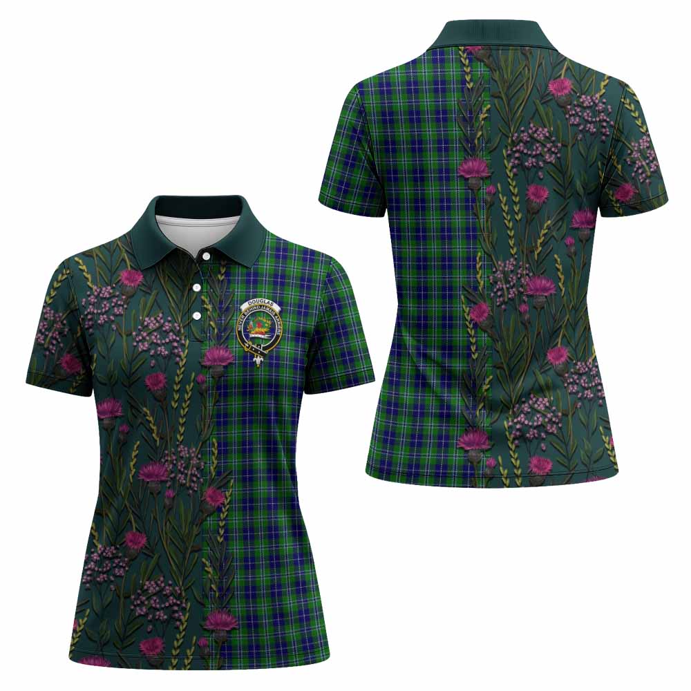 Douglas Family Crest Tartan Women Polo Shirt Scottish Thistle Flower Pattern Half Style - Tartan Vibes Clothing