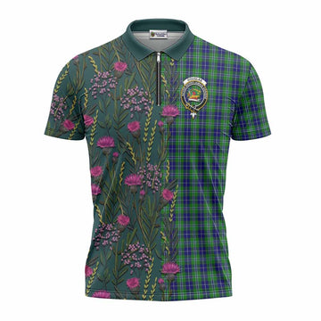 Douglas Family Crest Tartan Zipper Polo Shirt Scottish Thistle Flower Pattern Half Style