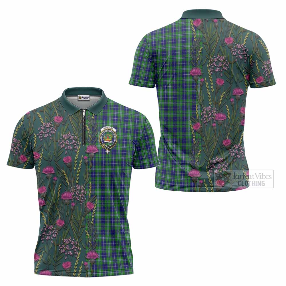 Douglas Family Crest Tartan Zipper Polo Shirt Scottish Thistle Flower Pattern Half Style - Tartan Vibes Clothing