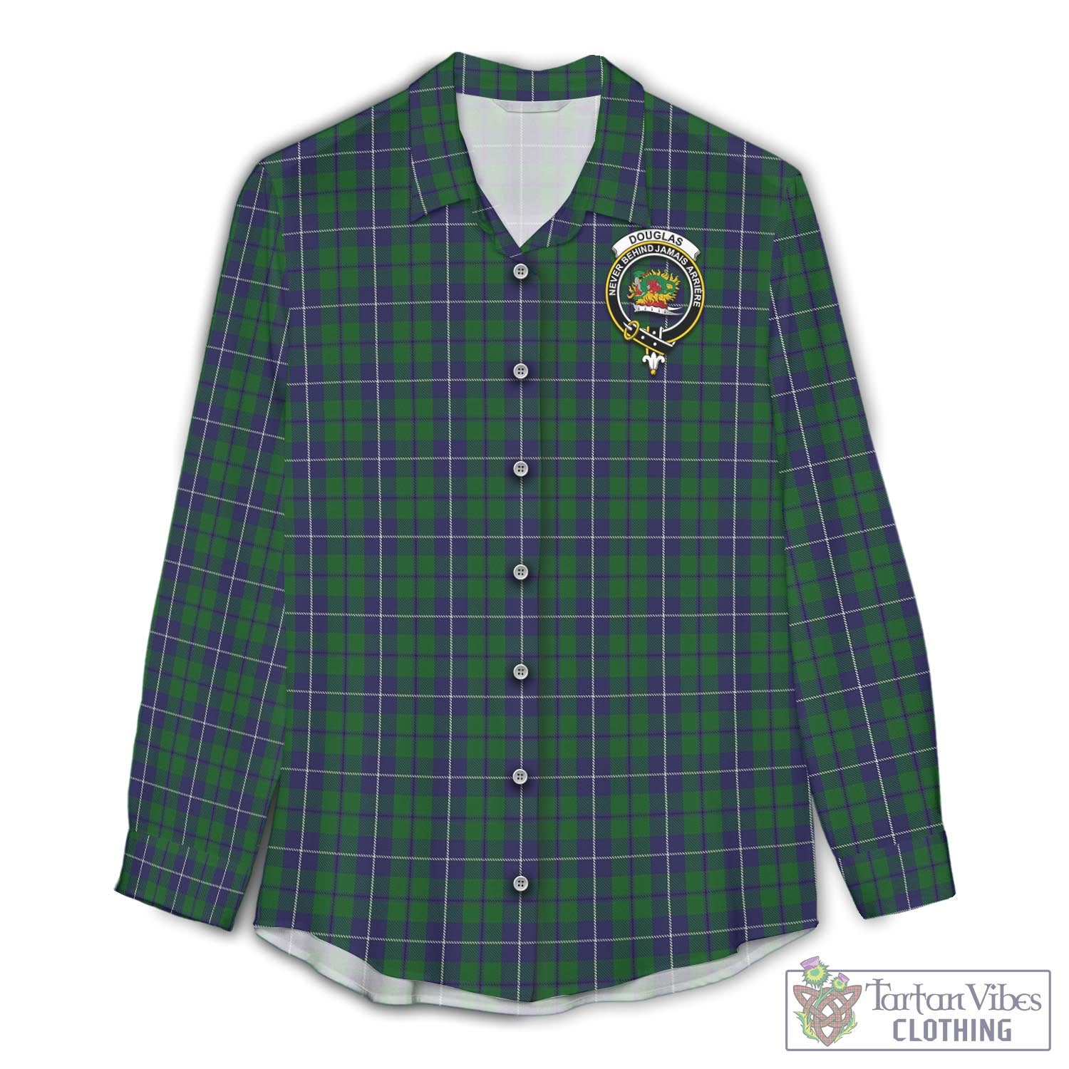 Tartan Vibes Clothing Douglas Green Tartan Womens Casual Shirt with Family Crest