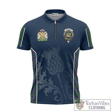 Douglas Green Tartan Zipper Polo Shirt with Family Crest and Scottish Thistle Vibes Sport Style