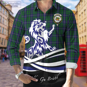 Douglas Green Tartan Long Sleeve Button Up Shirt with Alba Gu Brath Regal Lion Emblem