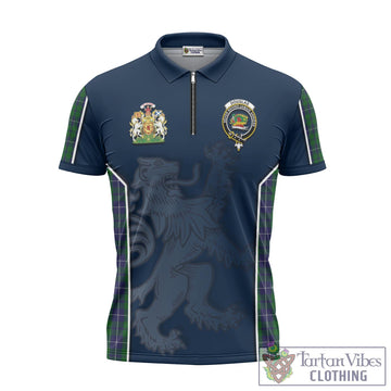 Douglas Green Tartan Zipper Polo Shirt with Family Crest and Lion Rampant Vibes Sport Style